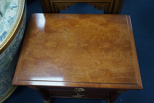 A pair of Biedermier design bird's eye maple three drawer bedside chests, width 53cm, depth 39cm, height 60cm